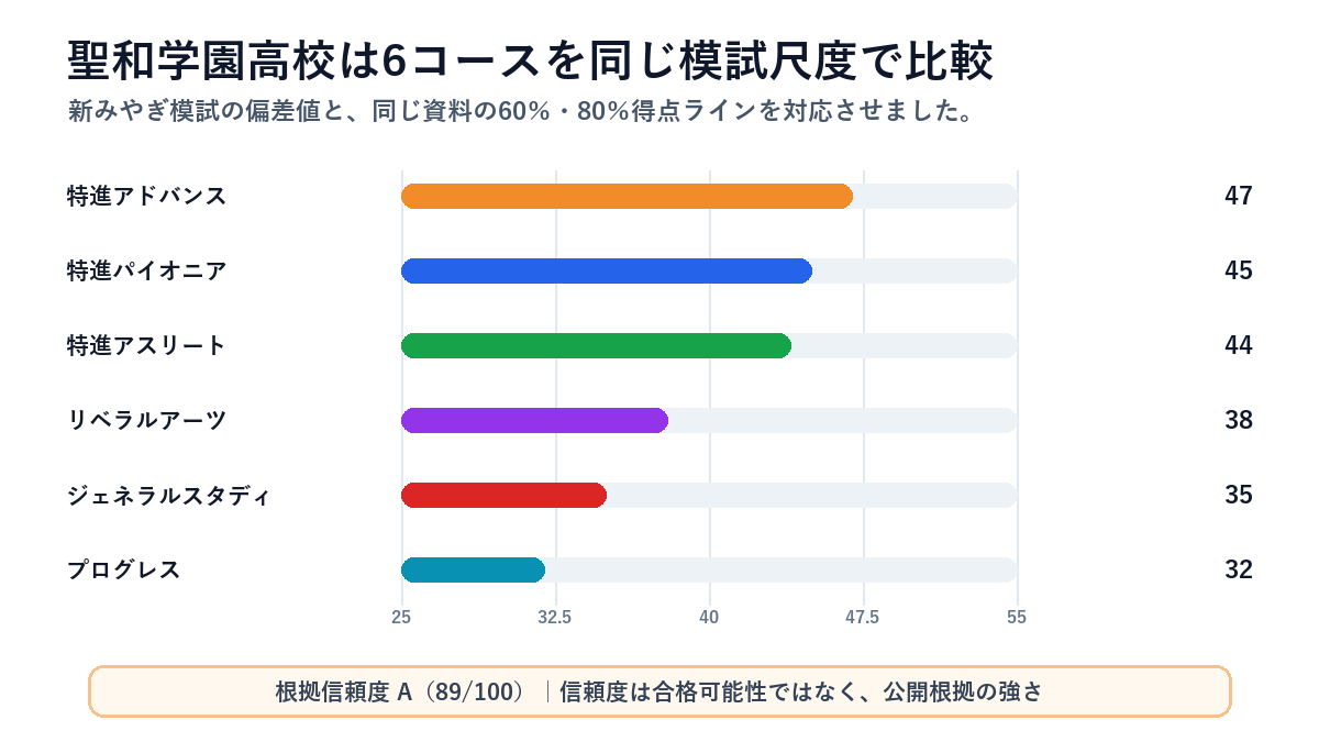 聖和学園高校の偏差値レンジを媒体・コース別に比較した図