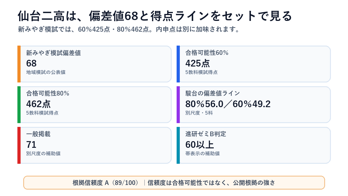 仙台二高の偏差値レンジを媒体・コース別に比較した図