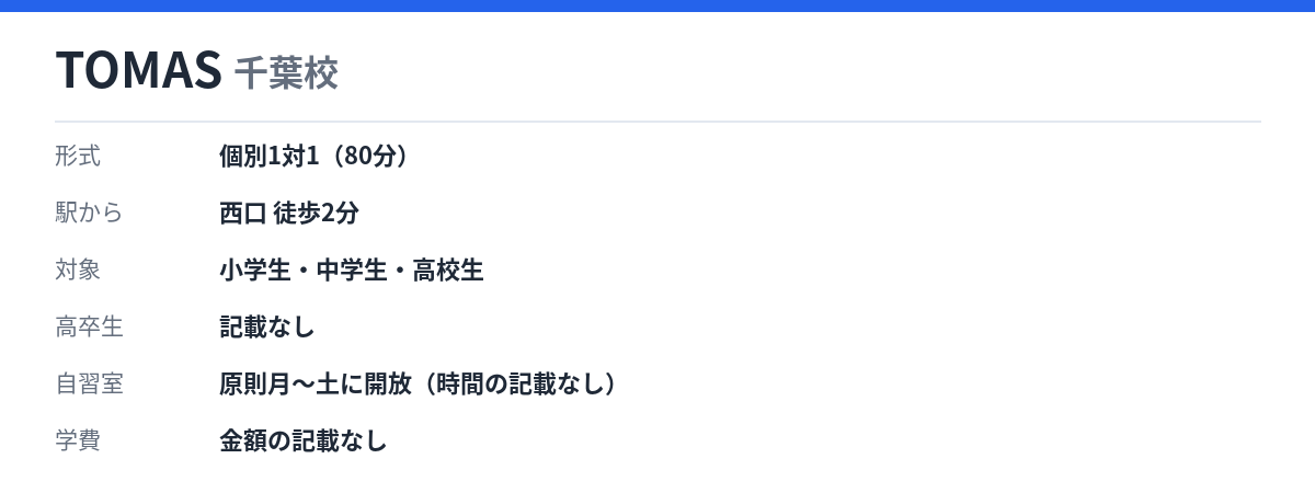 TOMAS 千葉校の形式・自習室・学費