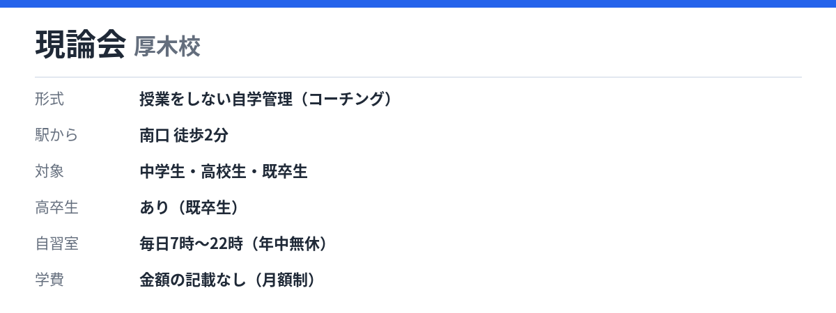 現論会 厚木校の形式・自習室・学費