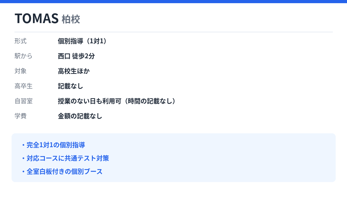 TOMAS 柏校の形式・自習室・学費
