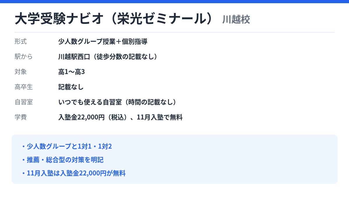 大学受験ナビオ(栄光ゼミナール) 川越校の形式・自習室・学費