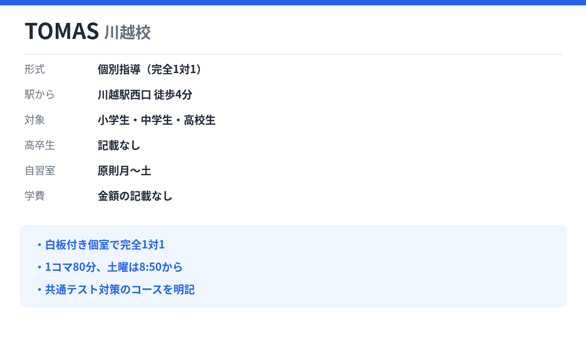 TOMAS 川越校の形式・自習室・学費