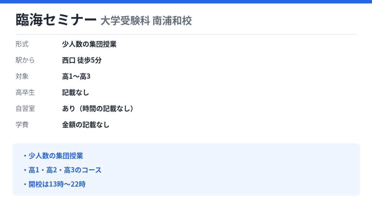 臨海セミナー 大学受験科 南浦和校の形式・自習室・学費