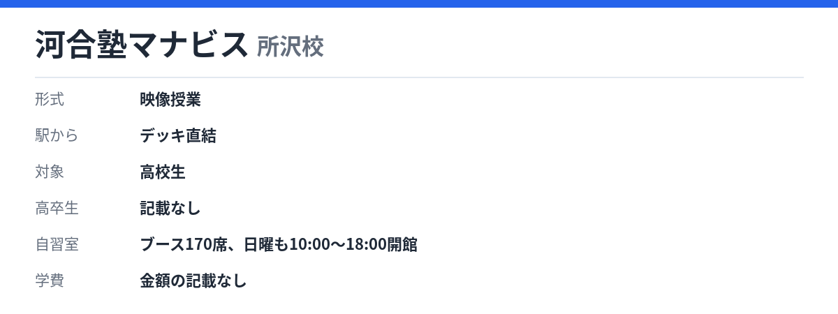 河合塾マナビス 所沢校の形式・自習室・学費