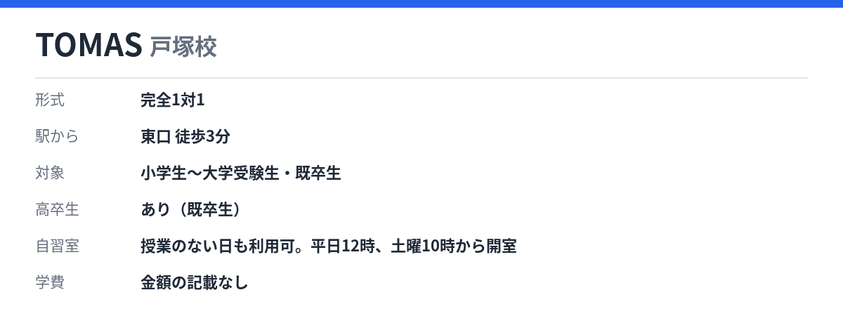 TOMAS 戸塚校の形式・自習室・学費