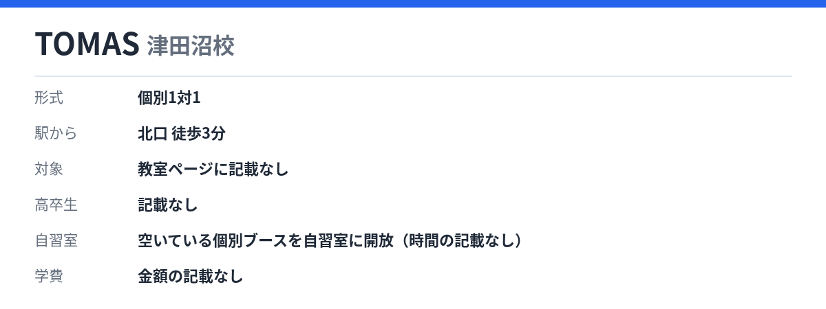 TOMAS 津田沼校の形式・自習室・学費